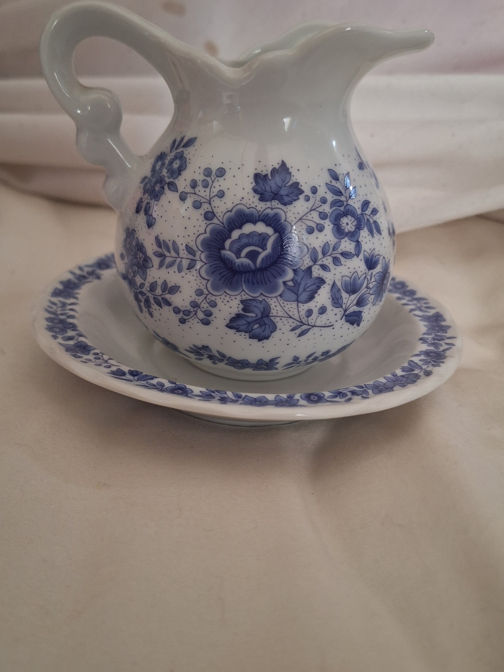 Mini Blue Floral Porcelain Pitcher and Saucer